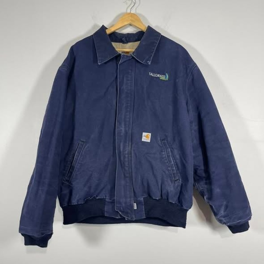 Carhartt FR Jacket‎ Mens 2XL Dark Blue Duck Canvas Quilted Lined Work Coat Logo
